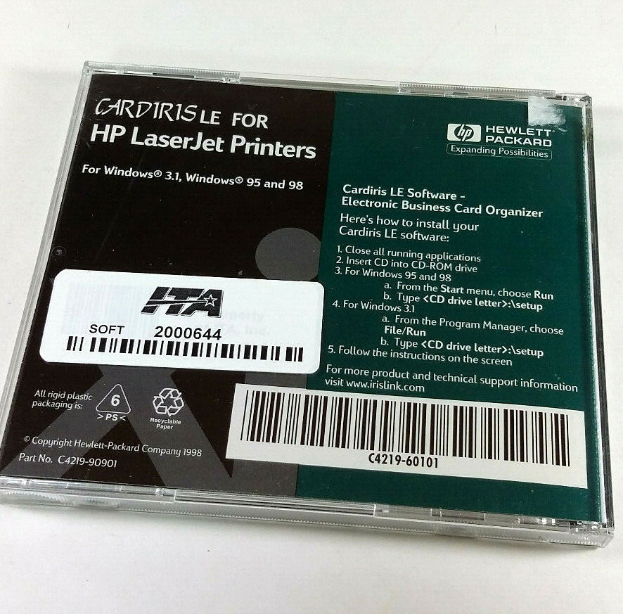 Cardiris LE For HP LaserJet Printers HP Software REPLACEMENT DISC ONLY 1998