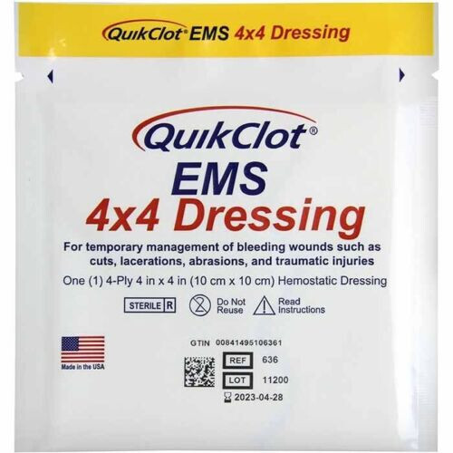 QuikClot EMS Sterile 4x4 Disposable Dressing