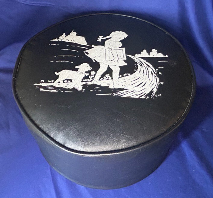 Vintage Foot Stool Round Brown Leather? Ottoman Child Mary Little Lamb Girl