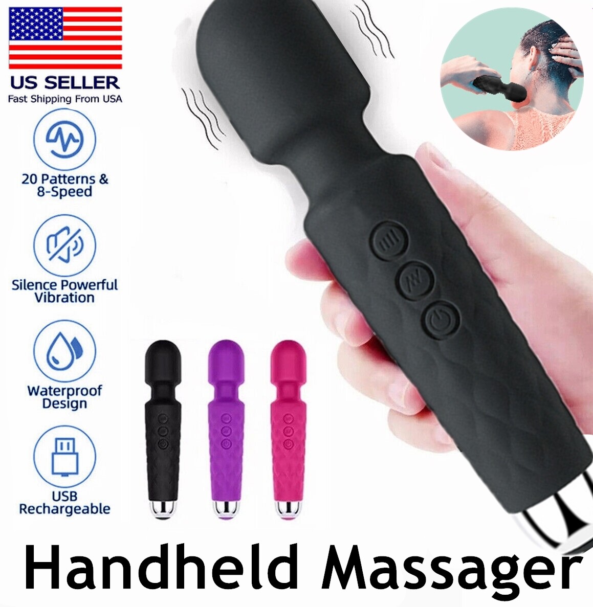 Handheld Massager Vibrator 3 colors Rechargeable 20 Speed Wand Massage Vibrating
