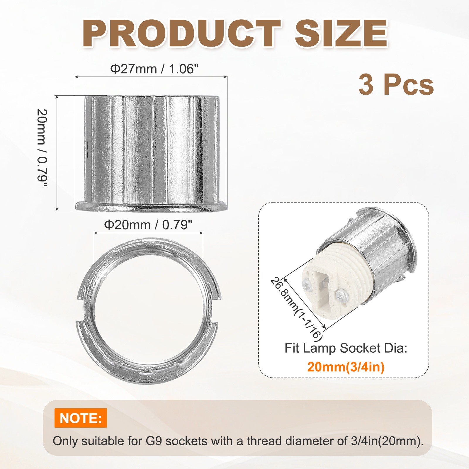 3 Pcs G9 Light Socket Rings Metal for 3/4in Thread Diameter 1.06in OD G9 Socket