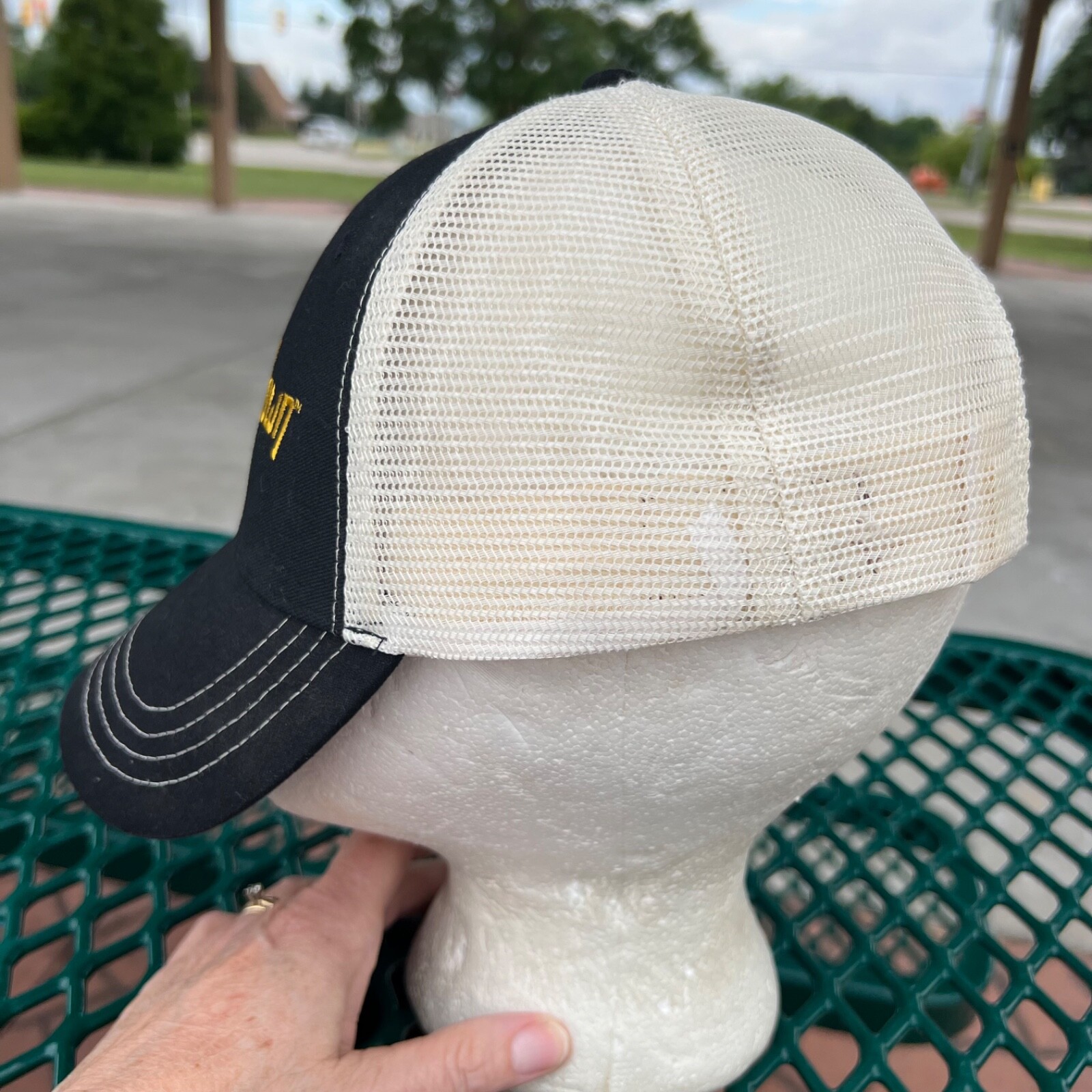 Buckle Down in Gold Script on Black Trucker Hat Cap w White Snapback Brewery EUC