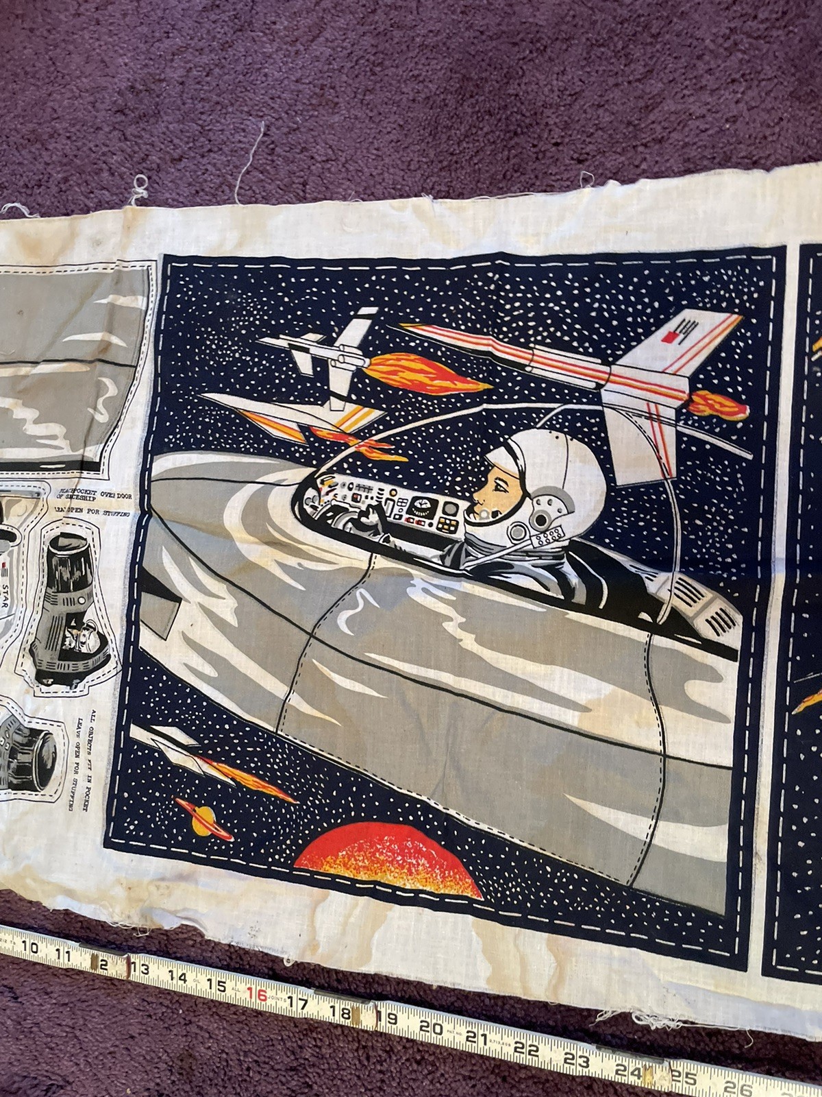 VINTAGE Star Force Fabric Pattern Pillow Astronaut Spaceship 1970s