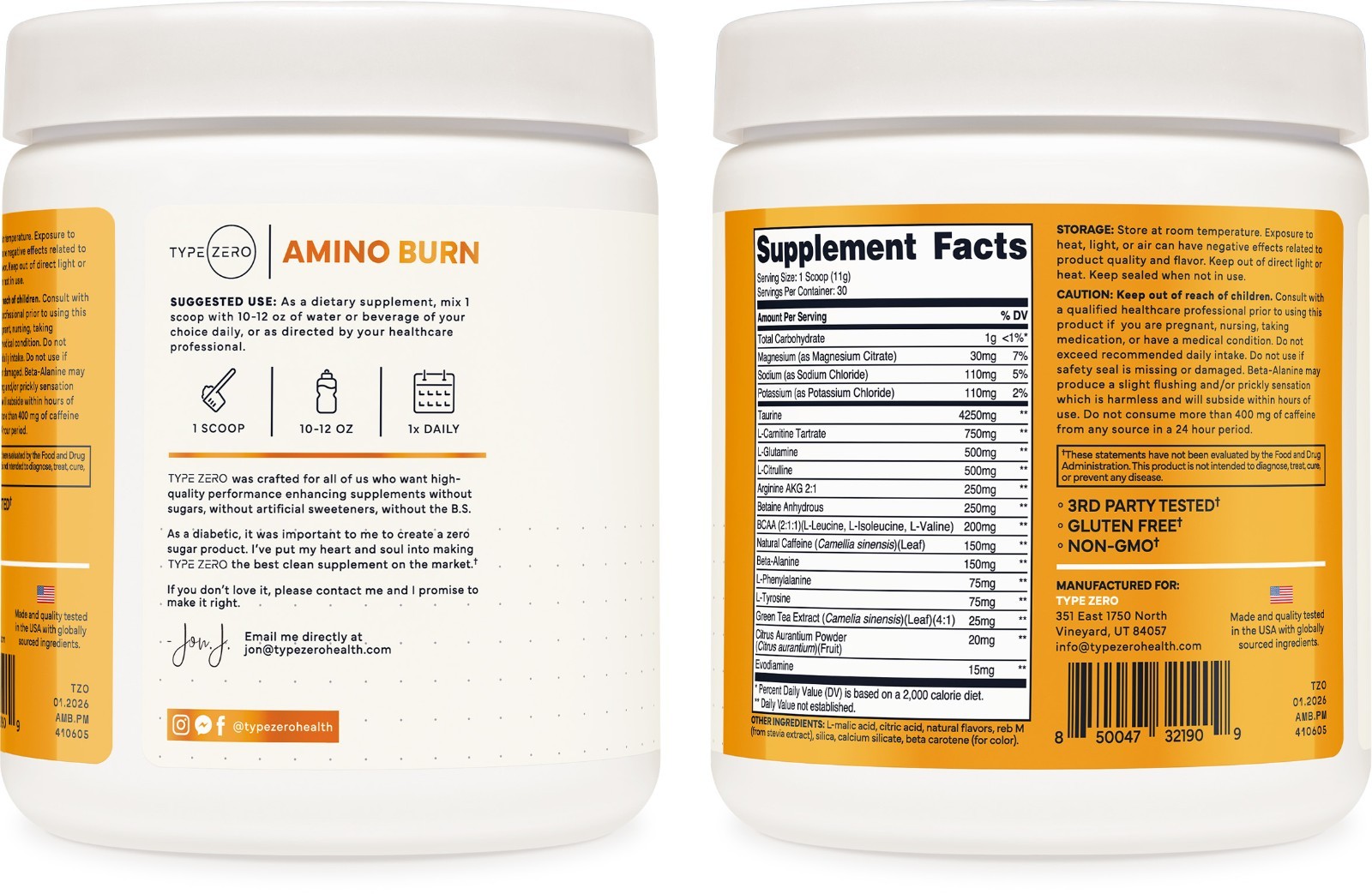 Type Zero Amino Burn (Peach Mango) 30 Servings - Pre Workout with Vegan BCAAs