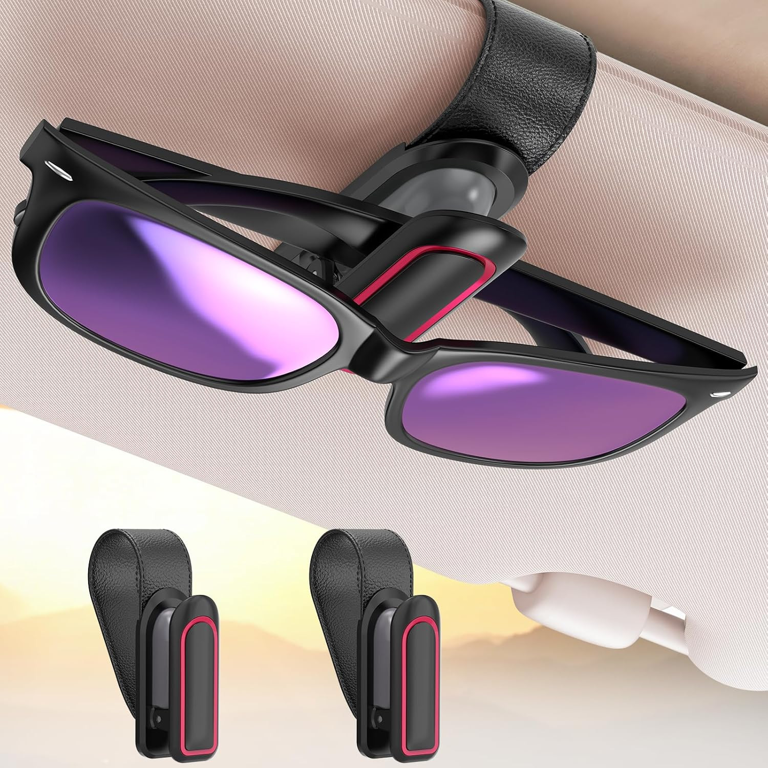 Sunglass Holder for Car, 2 Pack, Secure Metal Clip | One-Handed Operation, Gentl