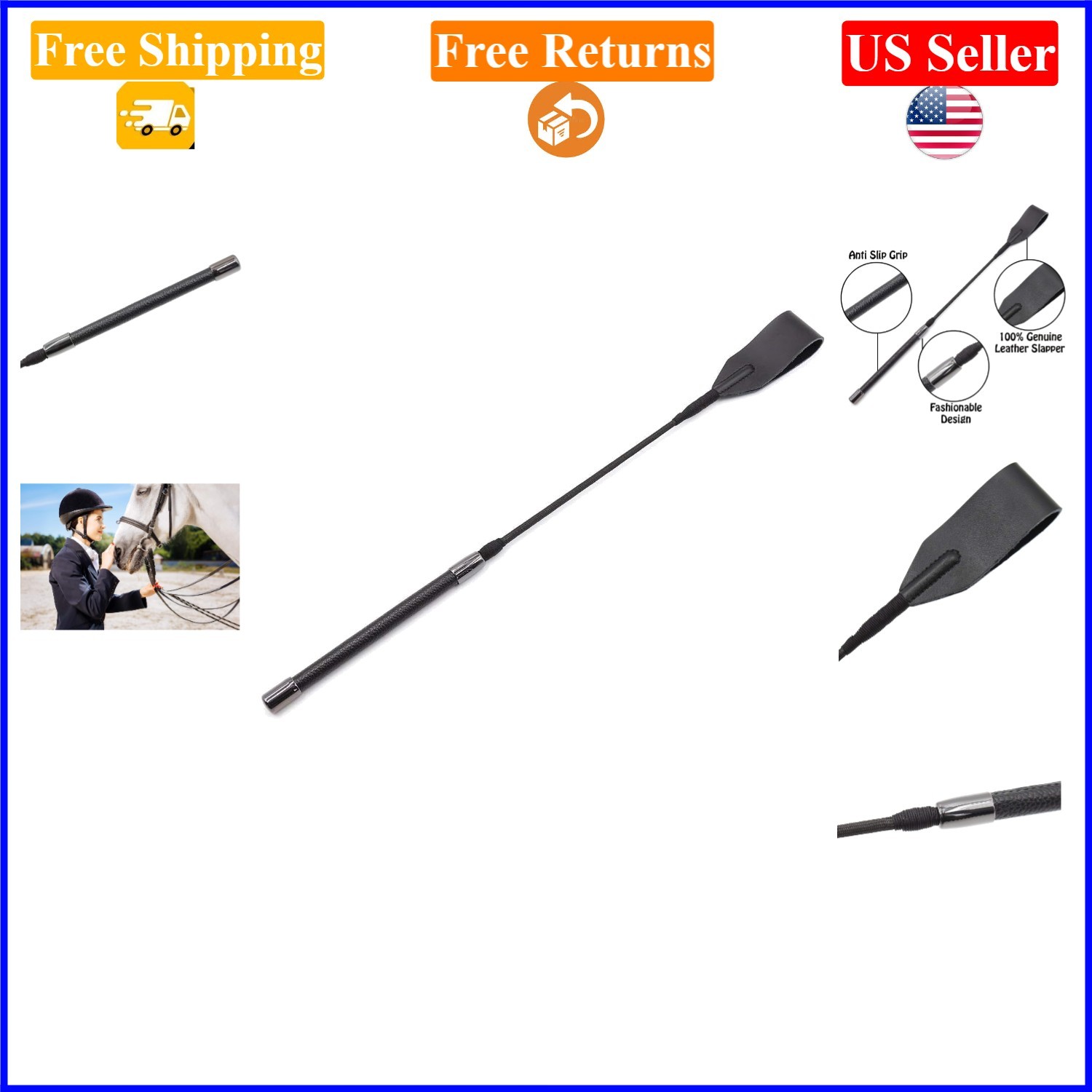Black Leather Riding Crop, 18 Inches, Lightweight, Durable, Unisex