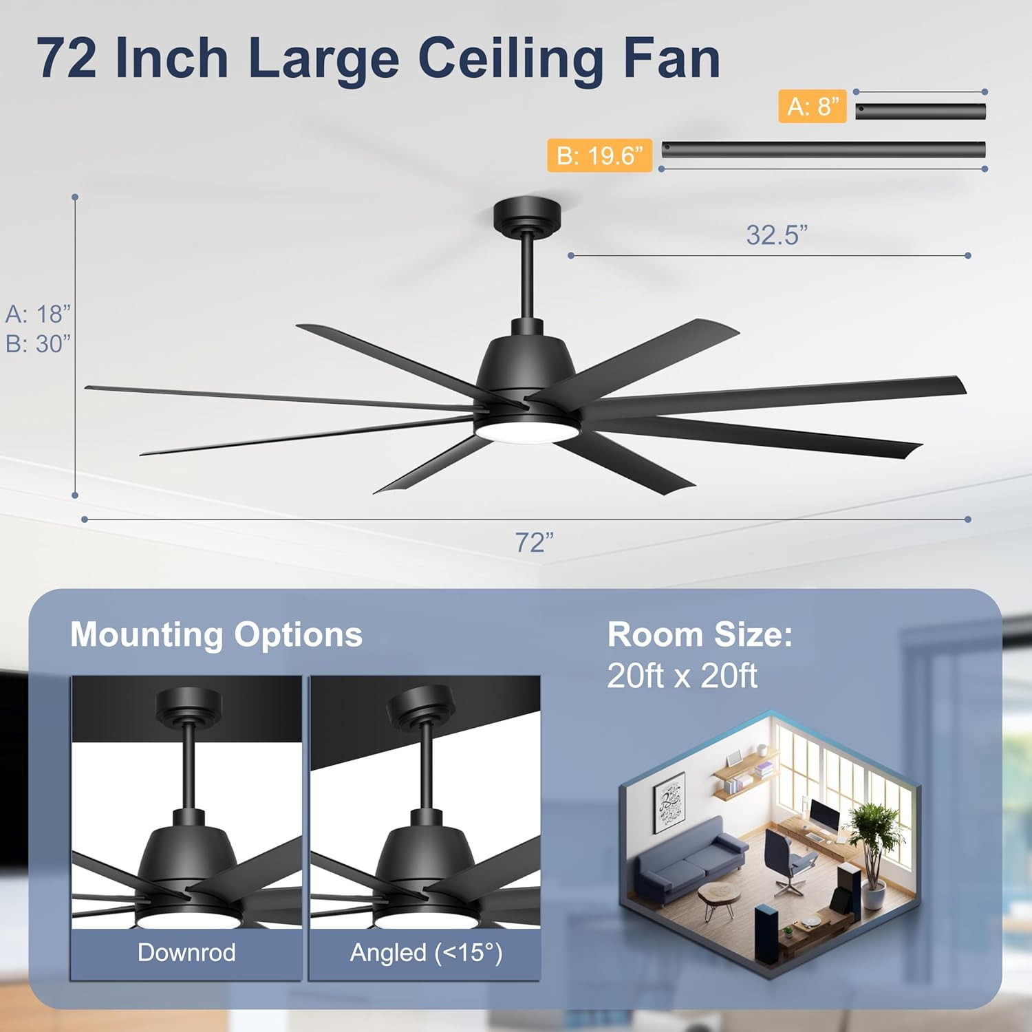 72" Smart Ceiling Fan with Light, Remote & App Control, 6 Speed, Black