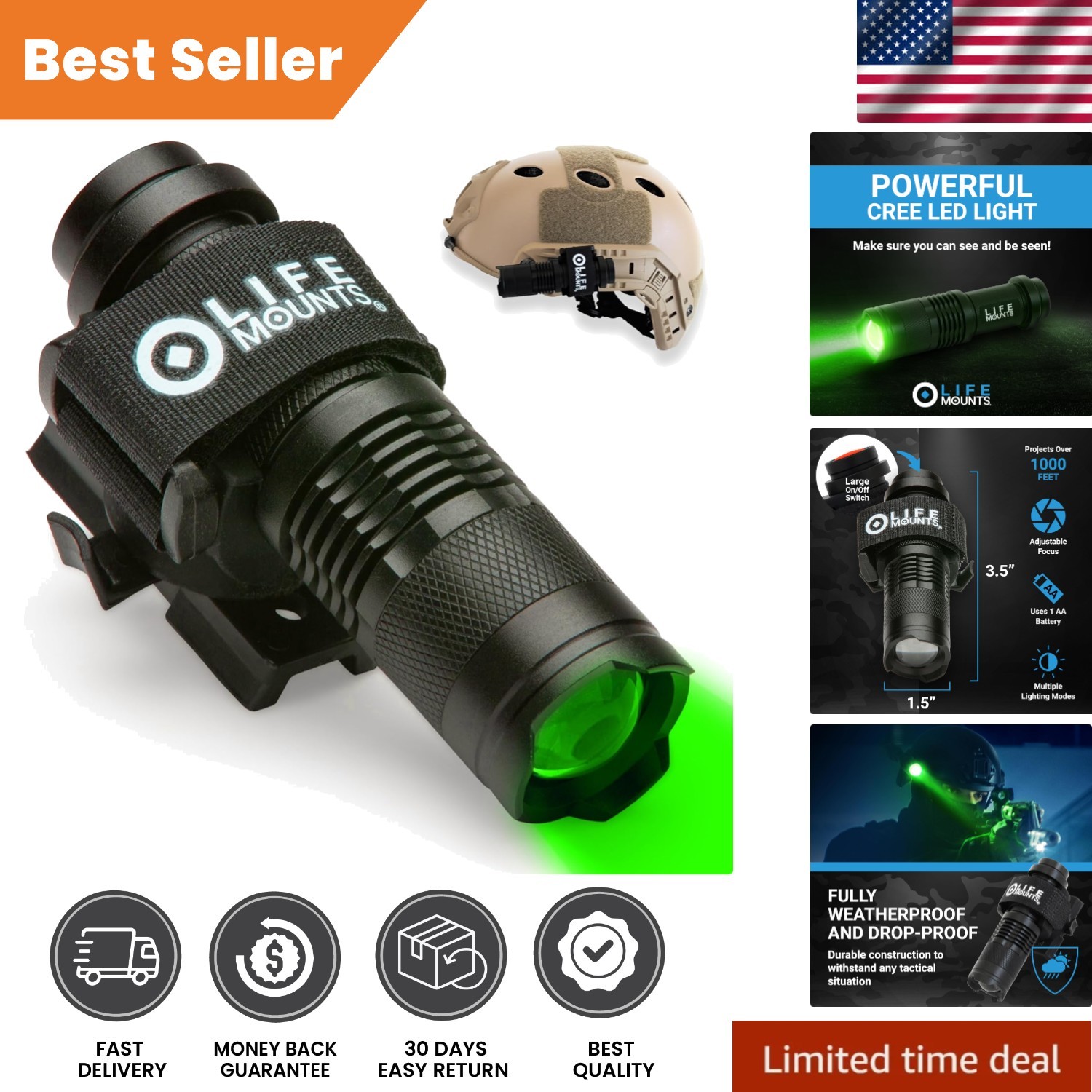 Hands-Free Tactical Helmet Flashlight Mount - 300 Lumen, Shockproof & Detachable