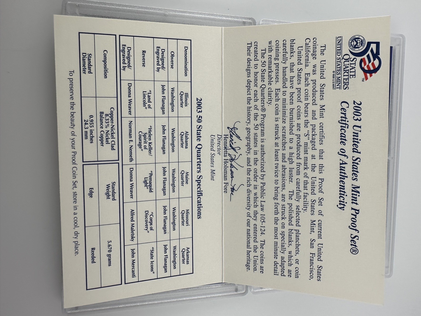 2003 United States Mint Proof Set with COA and Box