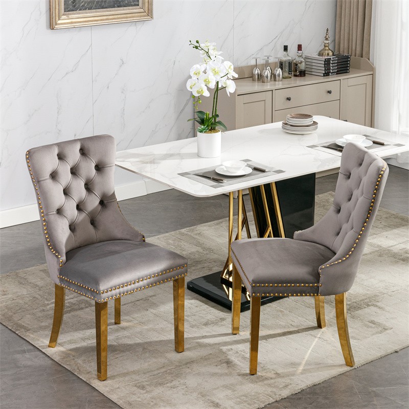 Set of 2 High-end Tufted Velvet Upholstered Dining Chairs with Golden Steel Legs