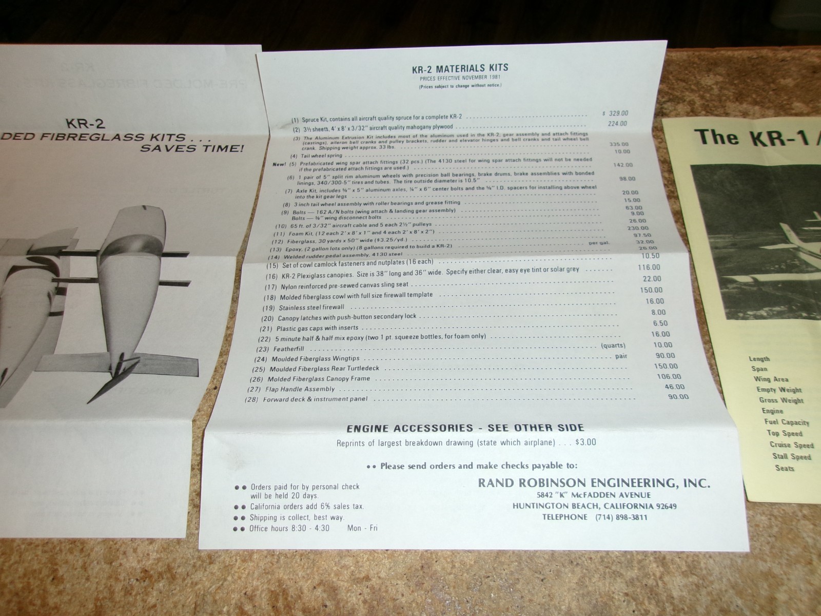 1981 rand robinson engineering KR-1/KR-2 airplane info sheets good used