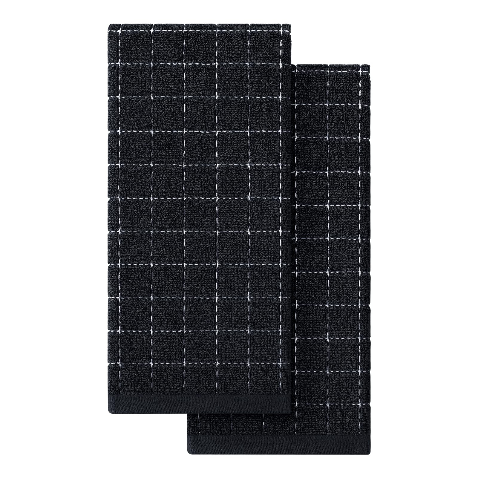 100% Cotton Terry Kitchen Towels(Black, 13 x 28 inches), Checkered Designed, ...