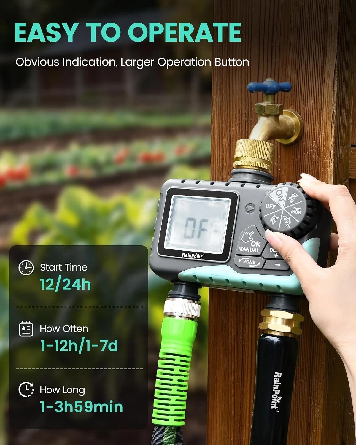Programmable 2-Outlet Water Timer - Manual & Automatic Modes for Outdoor Use