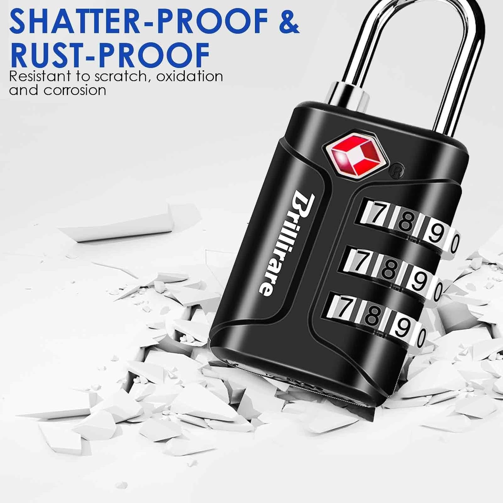 BRILLIRARE TSA Approved 4 Pack Combination Travel Padlocks - Black