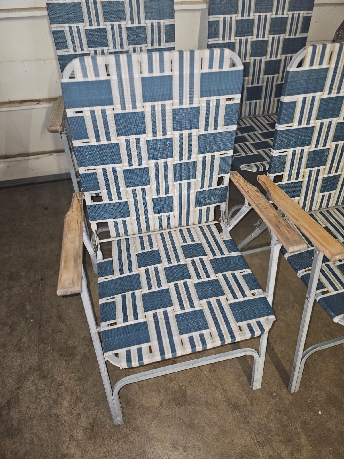 Vintage Mid Century Folding Steel Nylon Web Lawn Chairs Wood Armrests set of 4