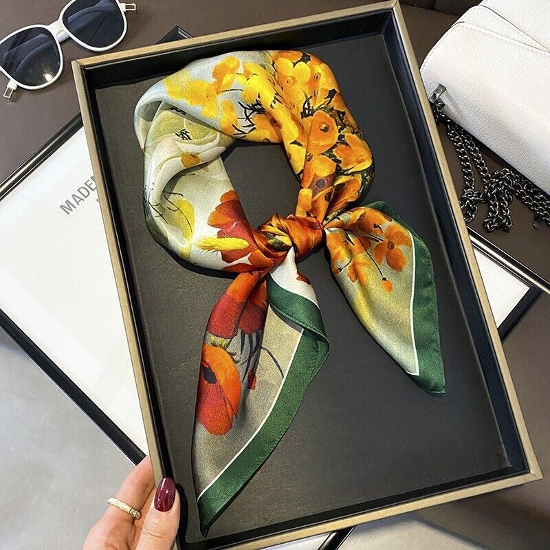 100% Silk Mulberry 27" Square Scarf Women Vintage Neckerchief Wrap Orange Flower