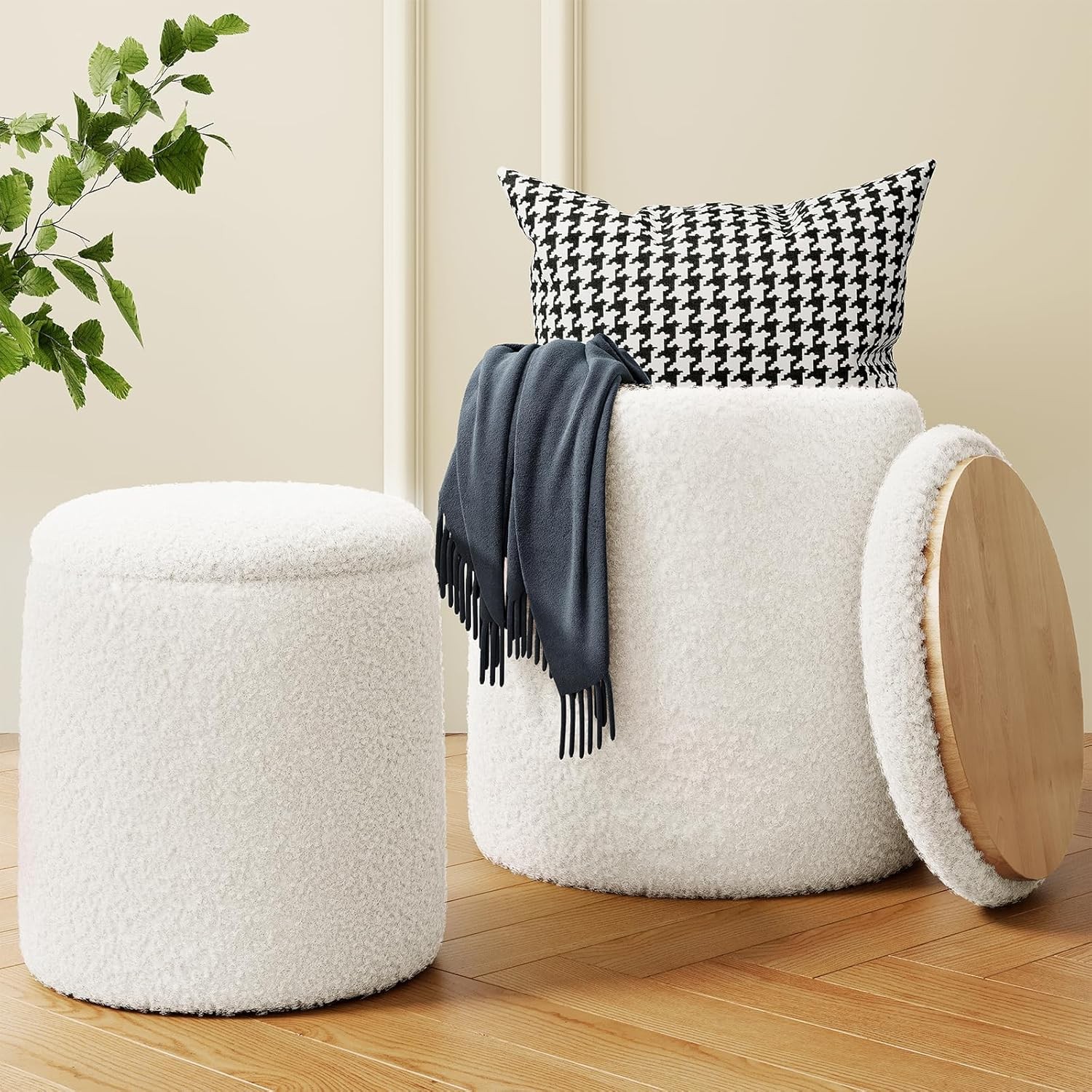Round Ottoman W/ Storage Set of 2 White Vanity Stool Upholstered Velvet Storage