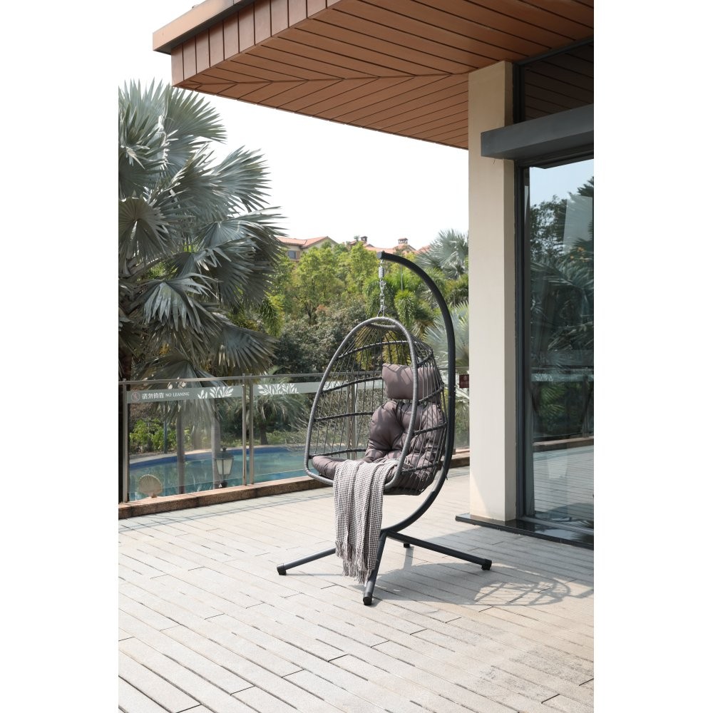 Dark Gray Cushion Egg Chair with Stand, Outdoor Wicker Hanging Swing Chair