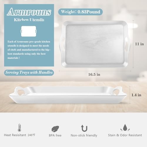 2PC White Serving Trays with Handles, 16 x 11.2 inch Rectangular Non Skid