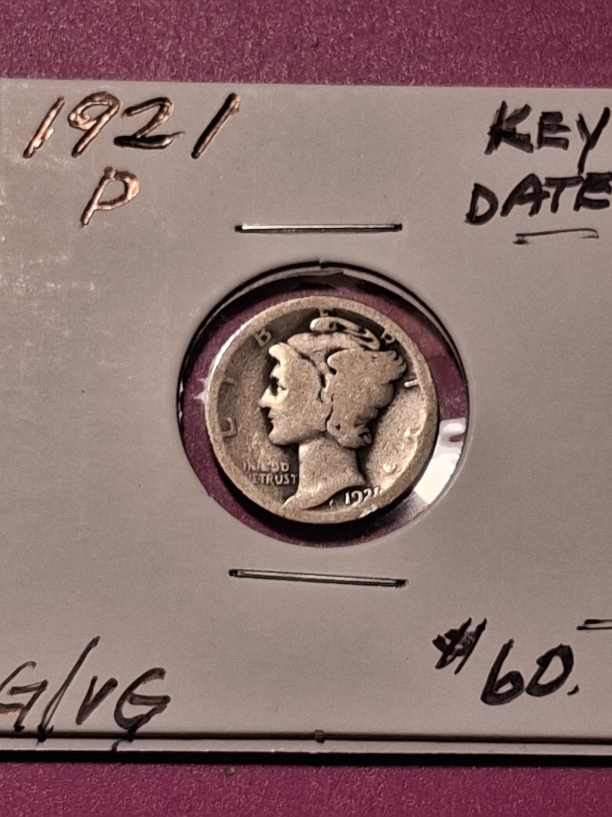 1921-P MERCURY DIME. G/VG. KEY DATE.
