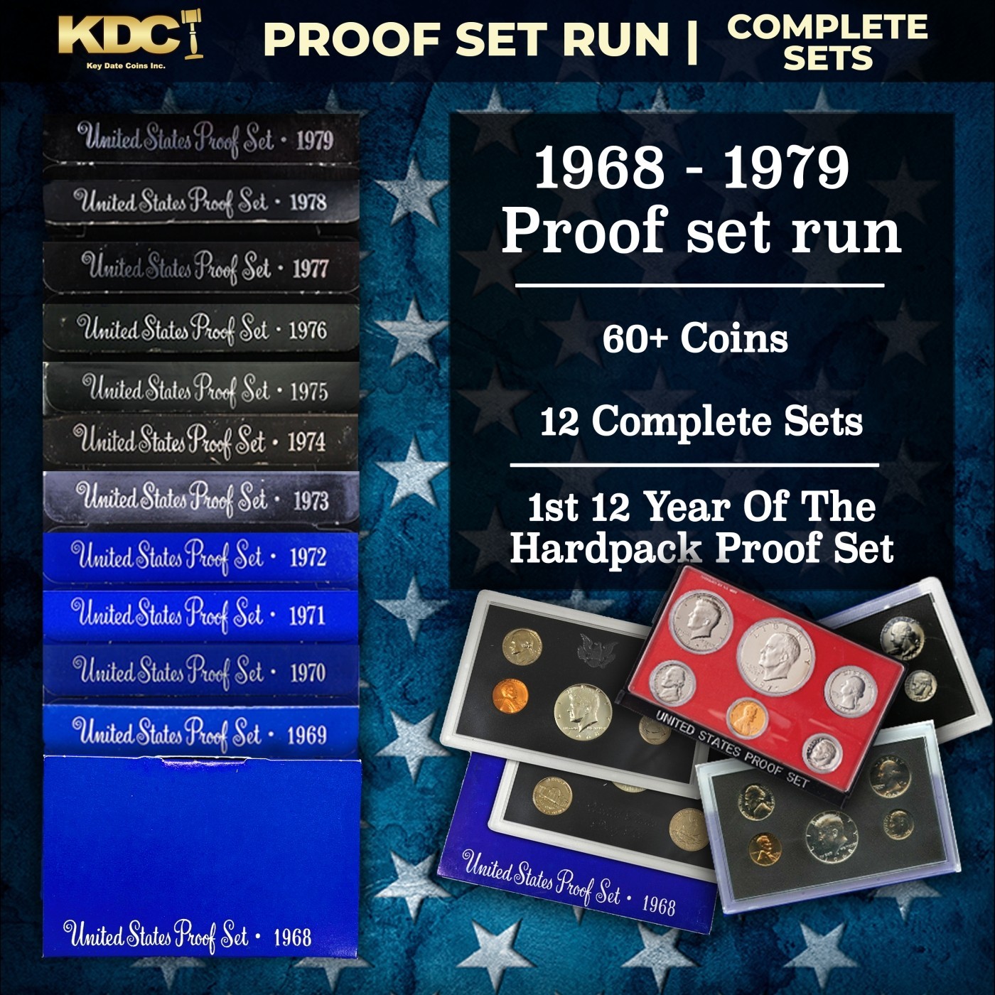 1968-1979 United States Proof Set Run 60+ Coins 12 Complete Sets W/ Box 7 COA