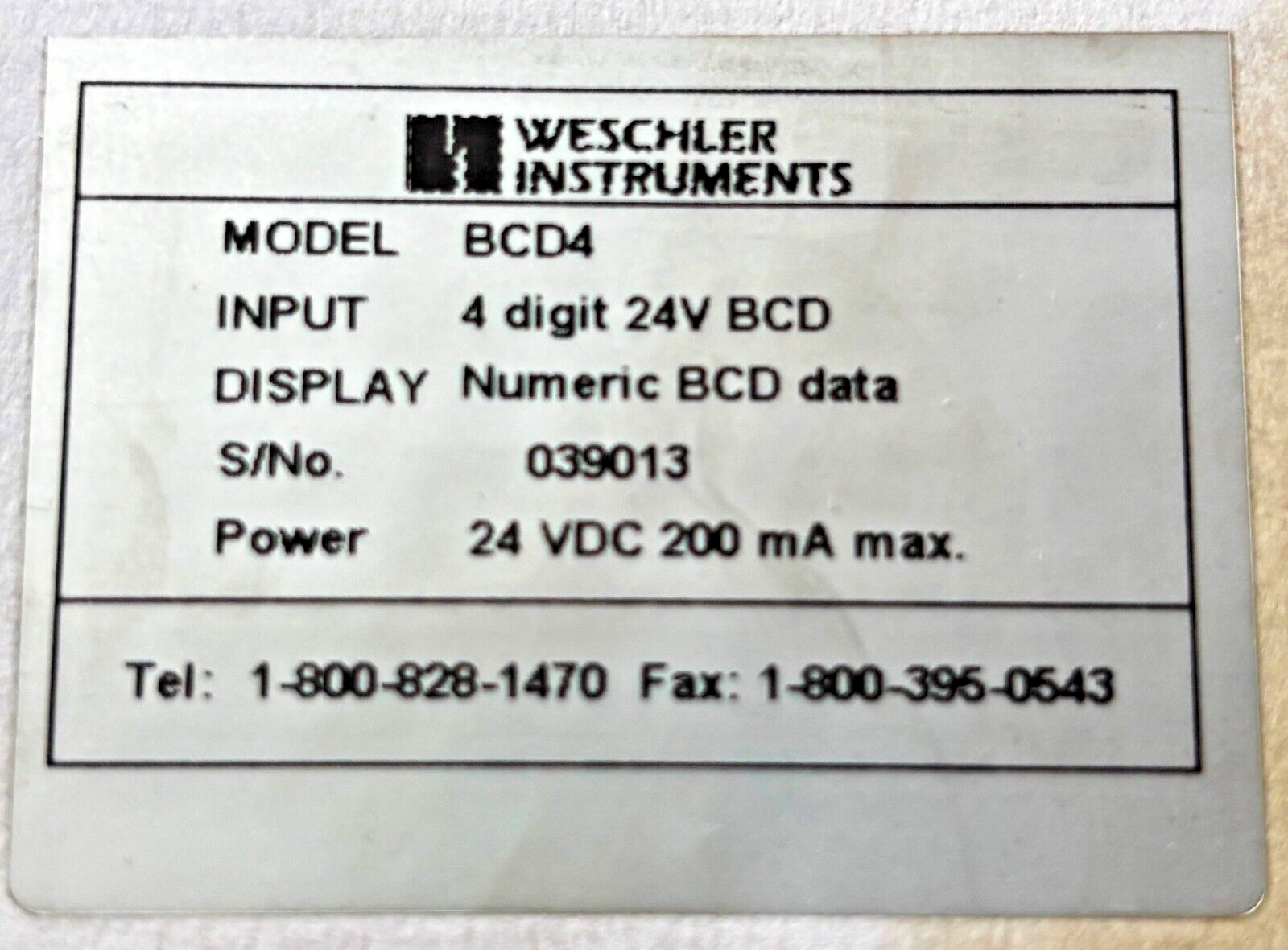 WESCHLER BCD-4 / BCD4 BCD-4-R-24-0 Remote 4 Digit BCD Input Display.
