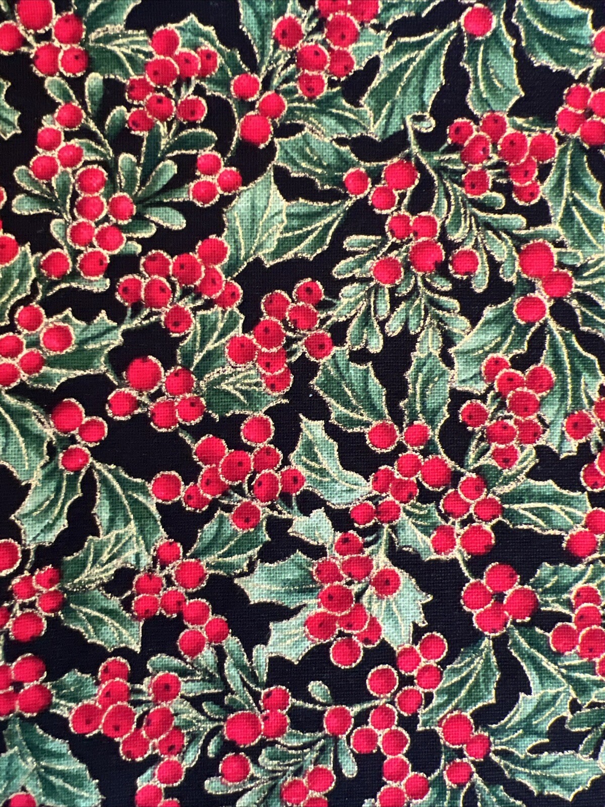 1 Yd Timeless Treasures Joyful Season Metallic Gold Holly Leaves Berries Black