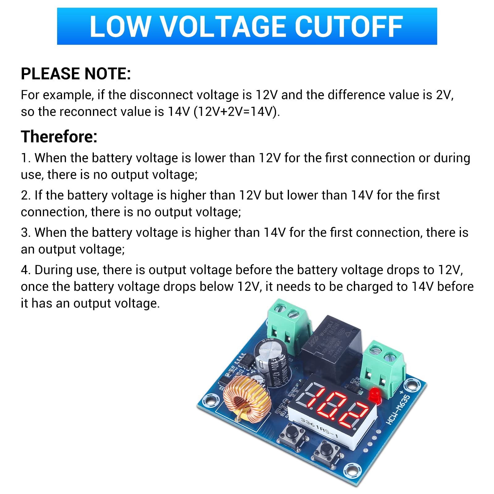 ICSTATION Digital Low Voltage Protector, DC 1236V 20A Low Voltage Cutoff Disc...