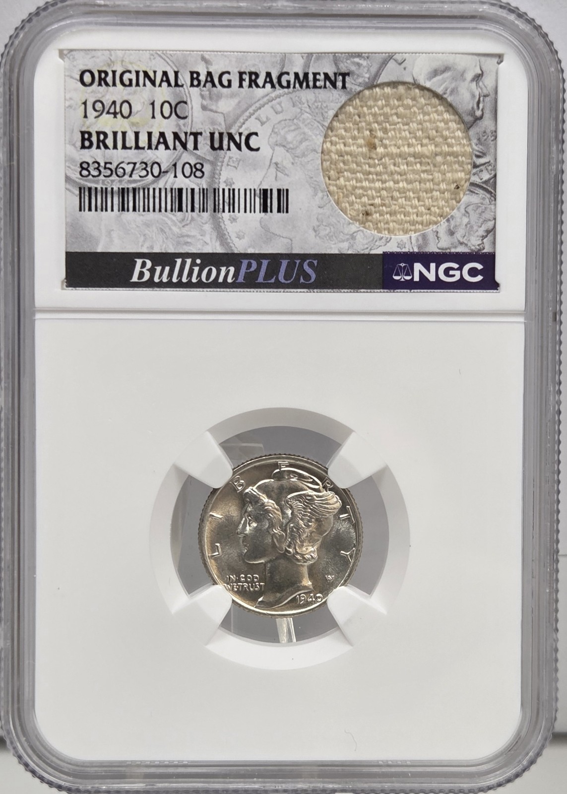 1940 10C Brilliant UNC Mercury Dime W/ Original Bag Fragment 90% silver NGC