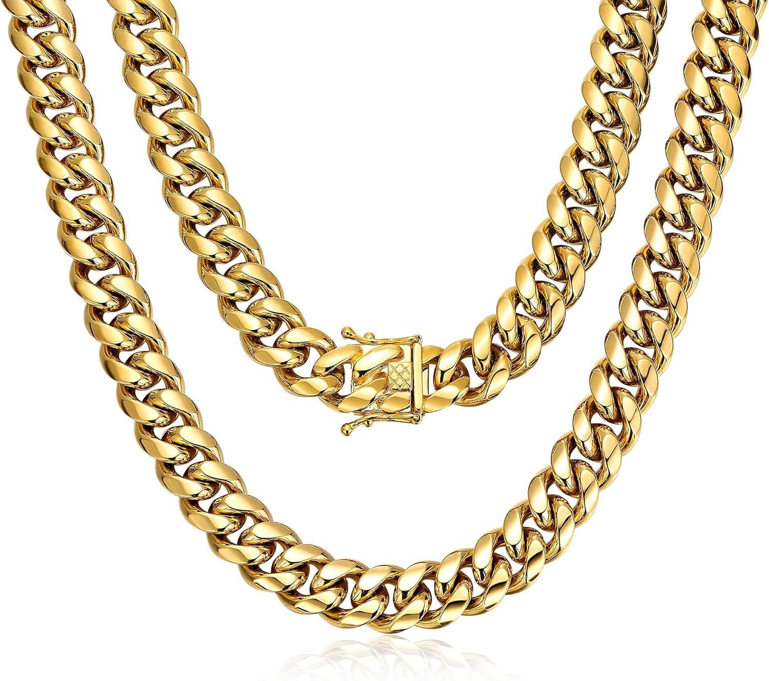 Miami Cuban Link Chain for Men 15Mm 18K Gold Stainless Steel Curb Necklace, Hip