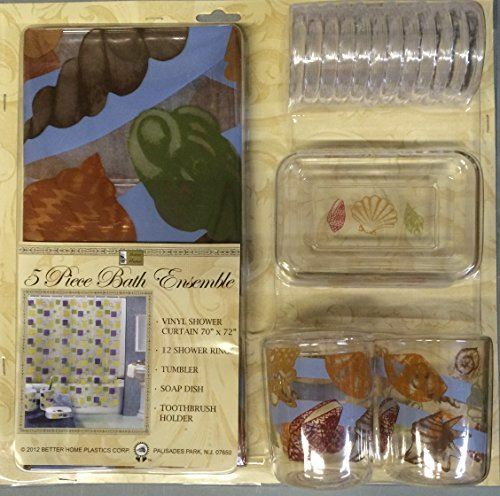 Sea Shells 5 Piece Bath Ensemble - Shower Curtain, Rings, More Accessories - NEW