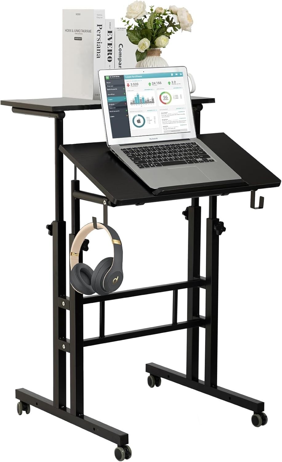Mobile Adjustable Height Standing Desk with Wheels – Ergonomic Black Workstation