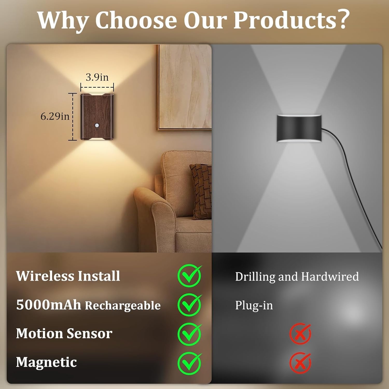 Rechargeable Motion Sensor Wall Light - 3 Colors Battery Powered Wireless Wal...