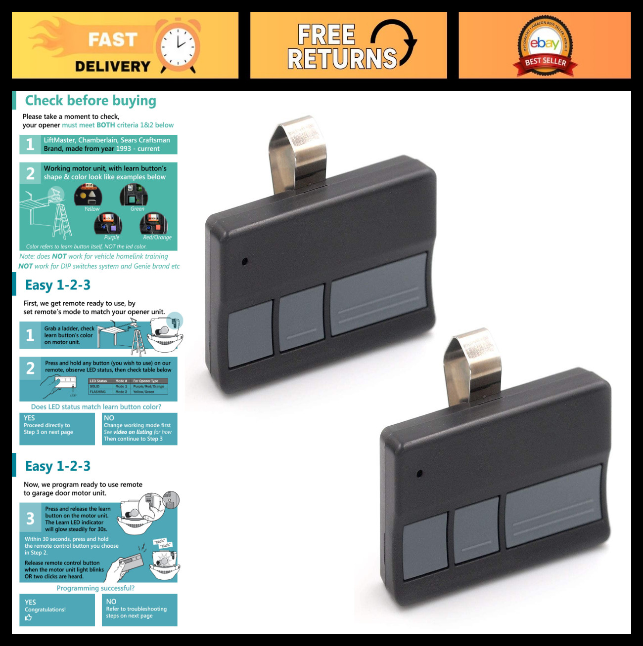 Universal Garage Door Opener Remote 2 Pack, Compatible with LiftMaster & Chamber