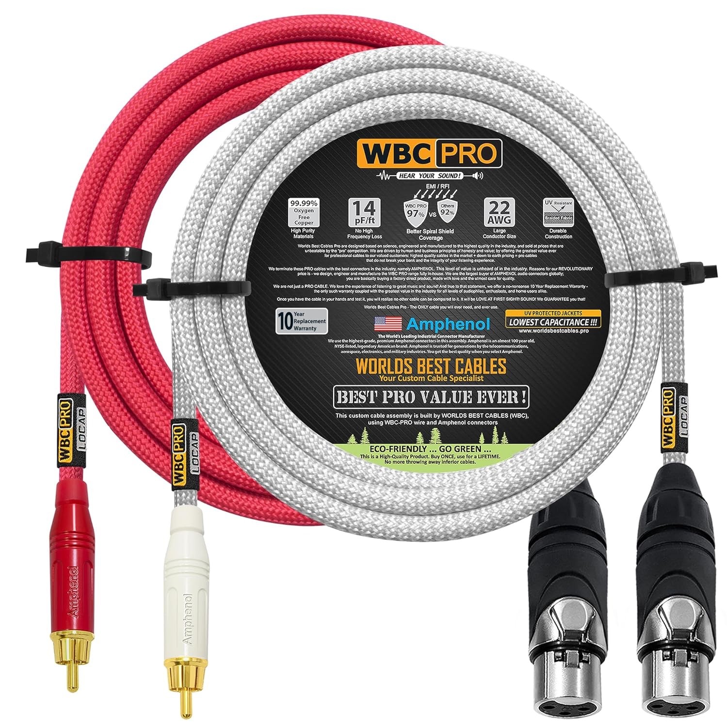 10 Foot RCA to XLR (Female) Cable Pair - WBC-PRO-LOCAP 10 FT, Red & Silver