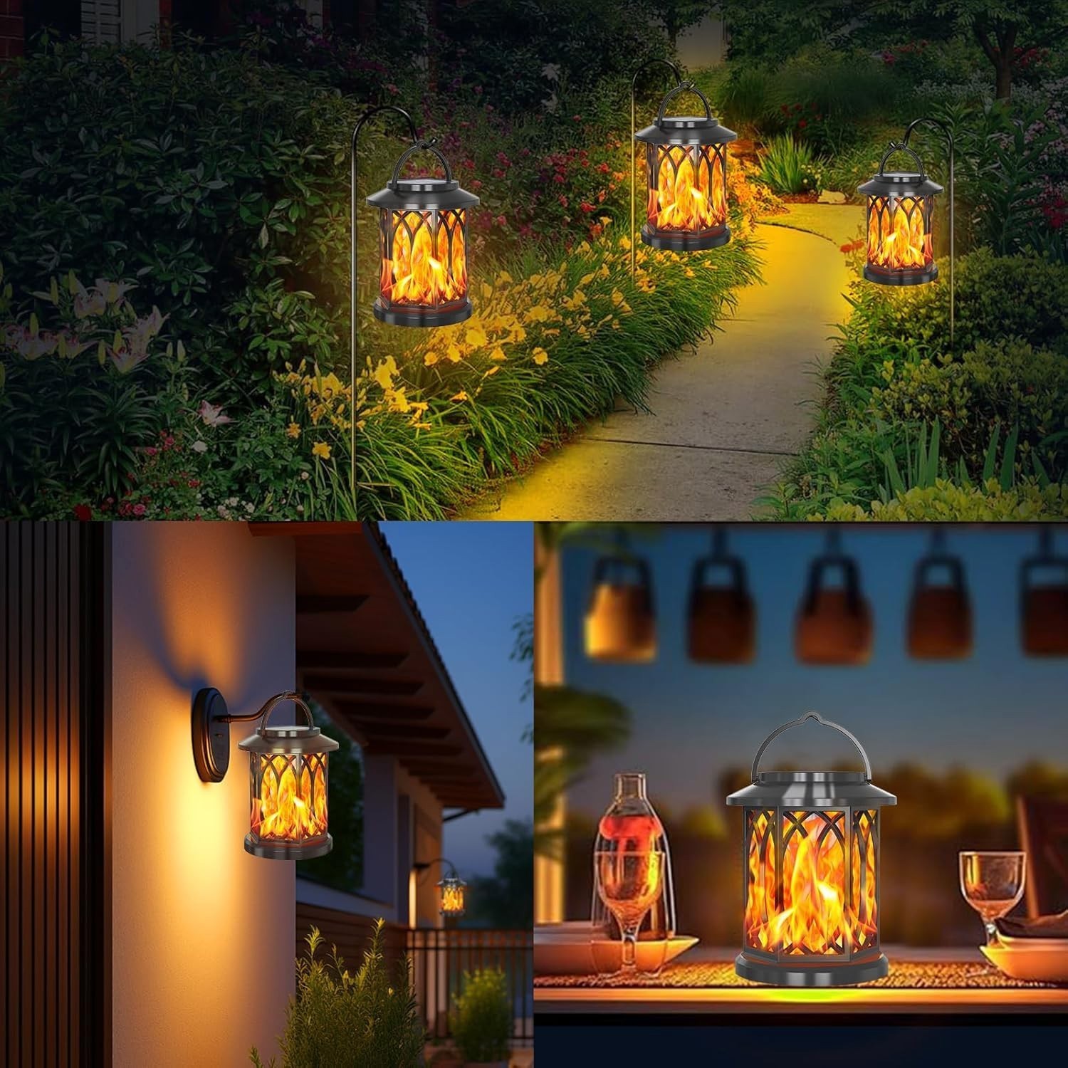 2x Solar LED Flicker Flame Lanterns Lantern , Outdoor Garden & Pathway Lights