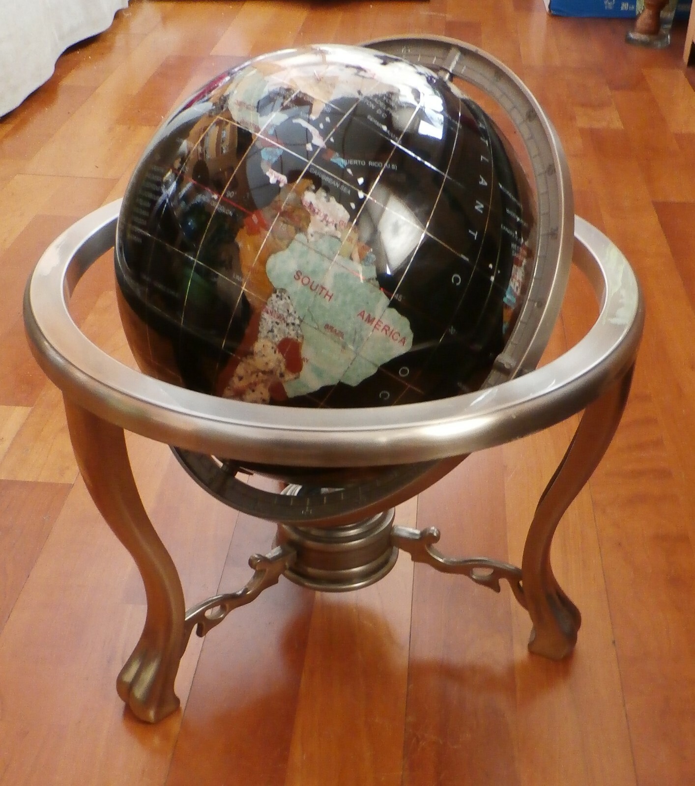 14" BLACK Ocean Tripod Gemstone GLOBE Moves World Map Inlaid Lapis Gems Table