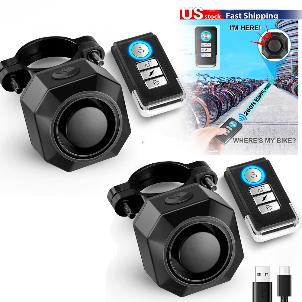 2x Waterproof Wireless Anti-Theft Bike Alarm Recharge Vibration System w/Remote