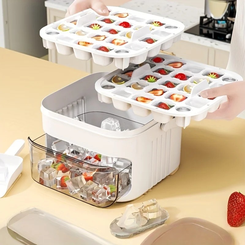 50 Cube Ice Tray with Press Release Lid Double Layer Ice Storage Container
