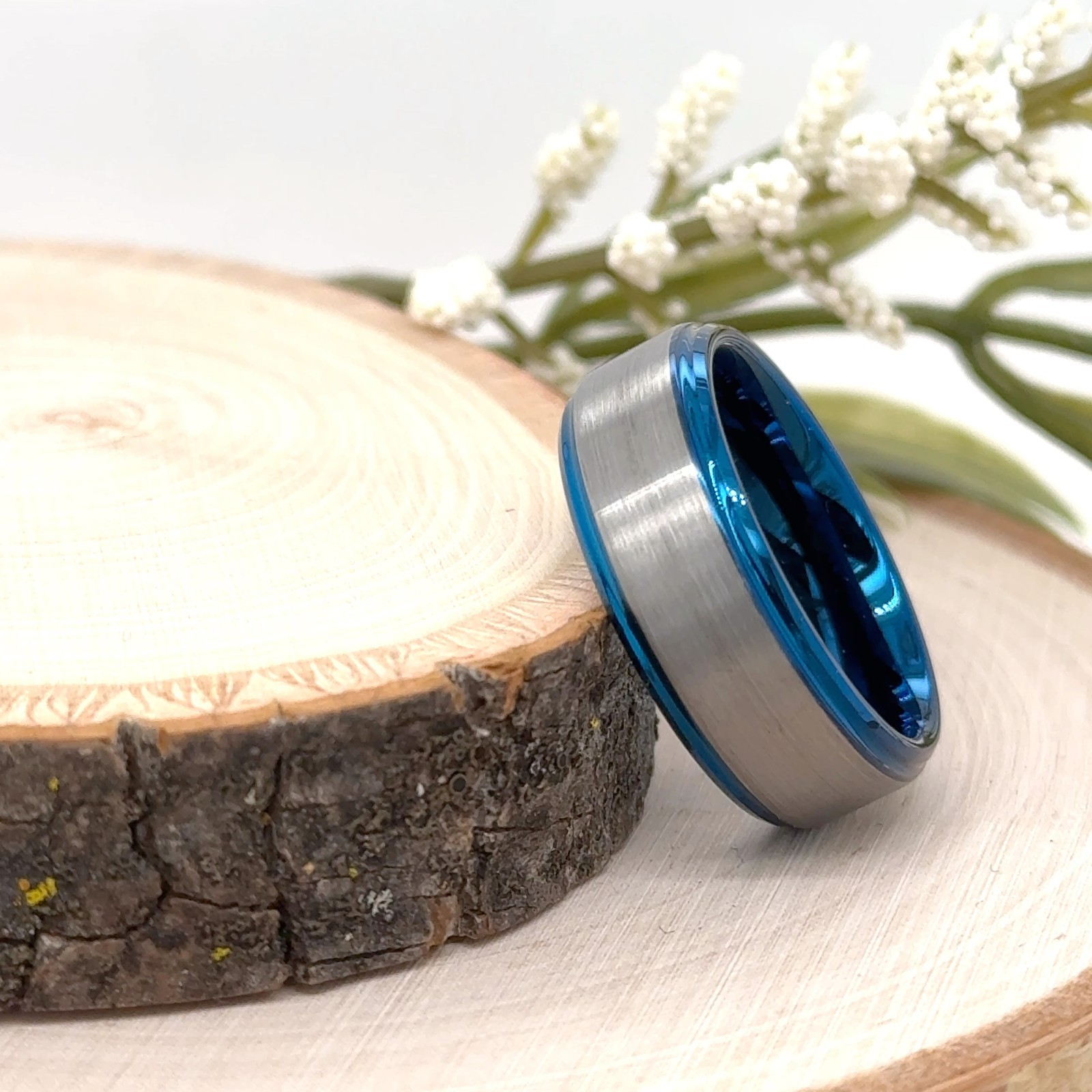 Modern 8mm Unisex Tungsten Ring – Blue Polished Edges Brushed Silver Center Band