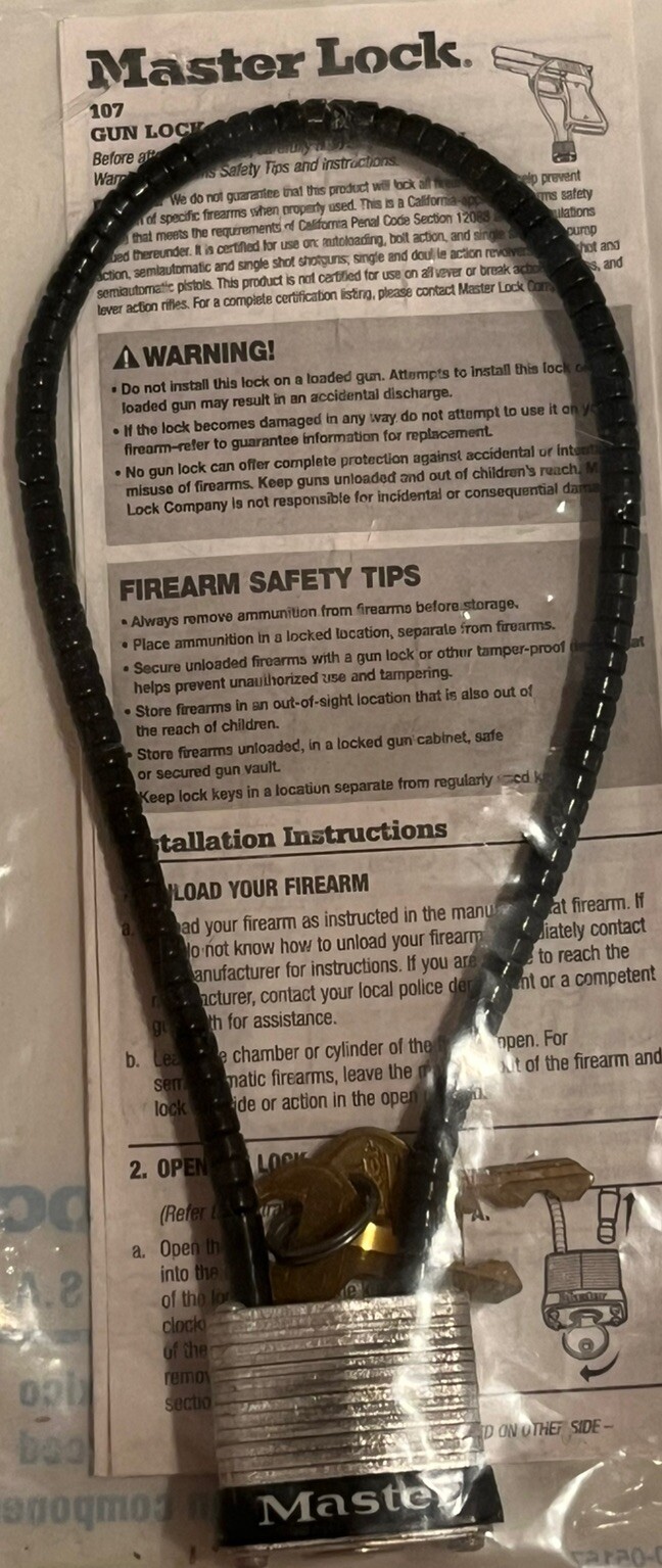 BRAND NEW MASTER LOCK CABLE GUN LOCK 107 2 KEYS SEALED 0300-05157 BRAIDED STEEL