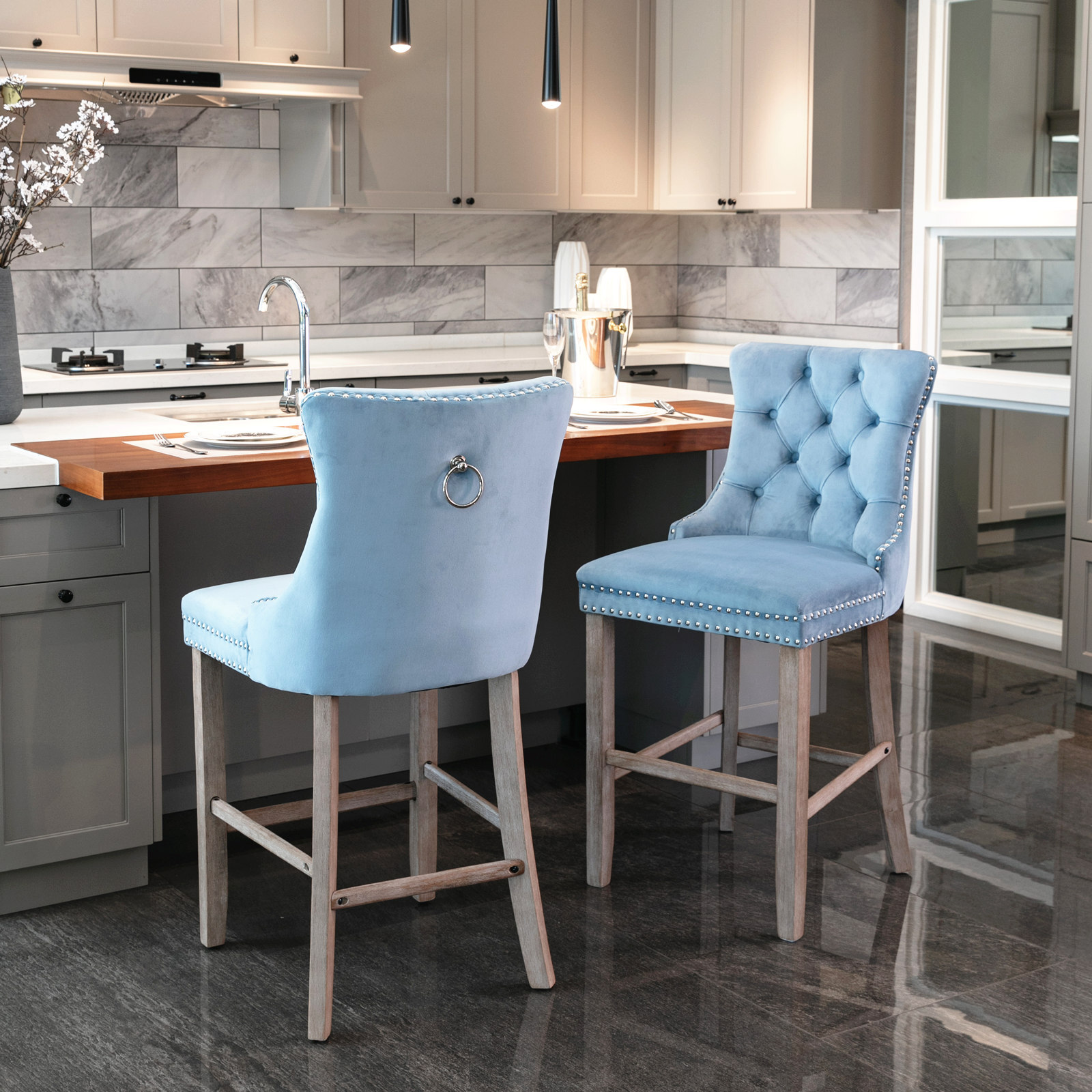 2 Set Velvet Barstools Kitchen Counter Pub Bar Stools Chairs Button Tufted Blue