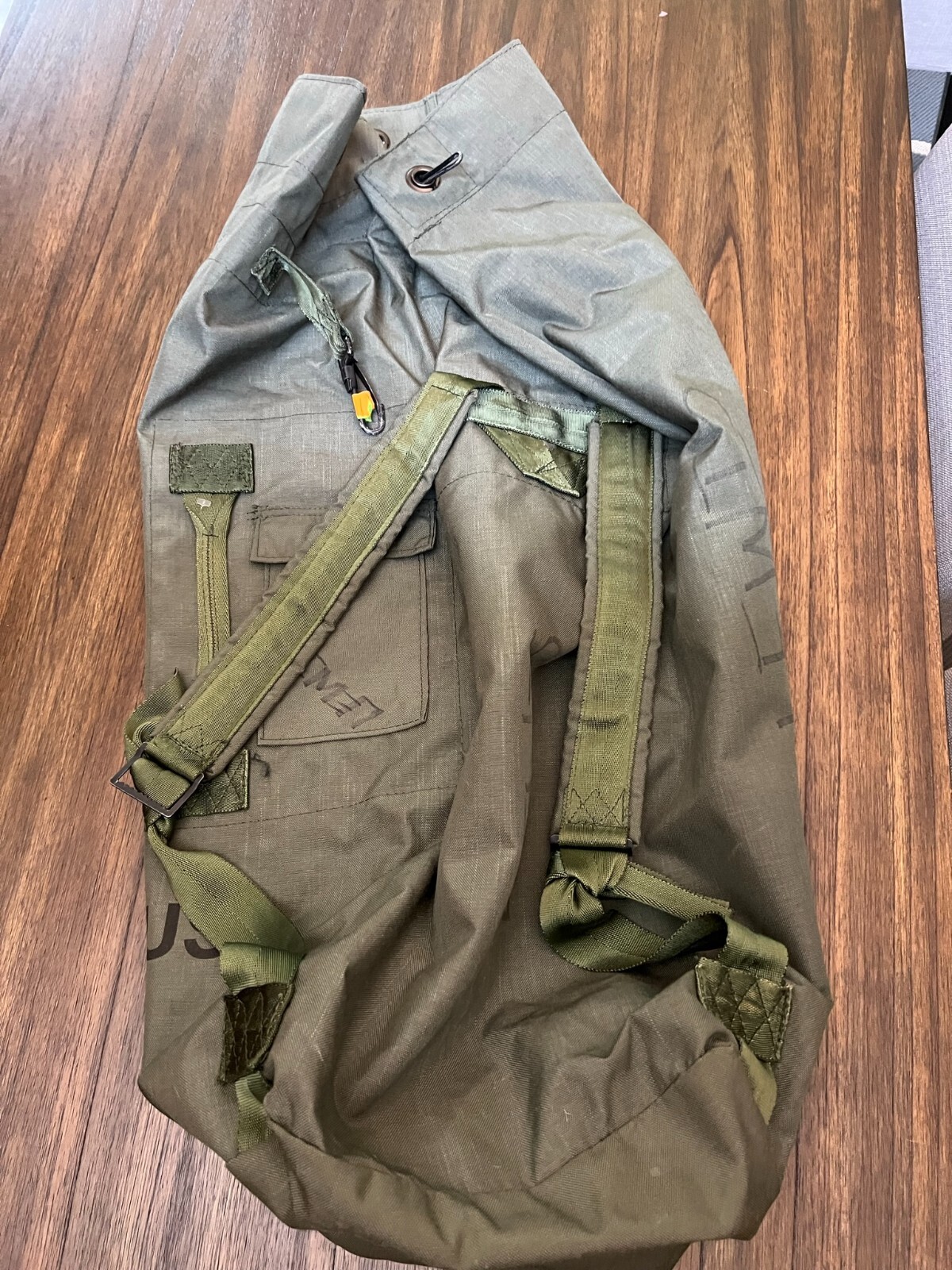 Vintage US Army  Green Nylon Military Duffel  Duffle Bag Stenciled backpack 1514