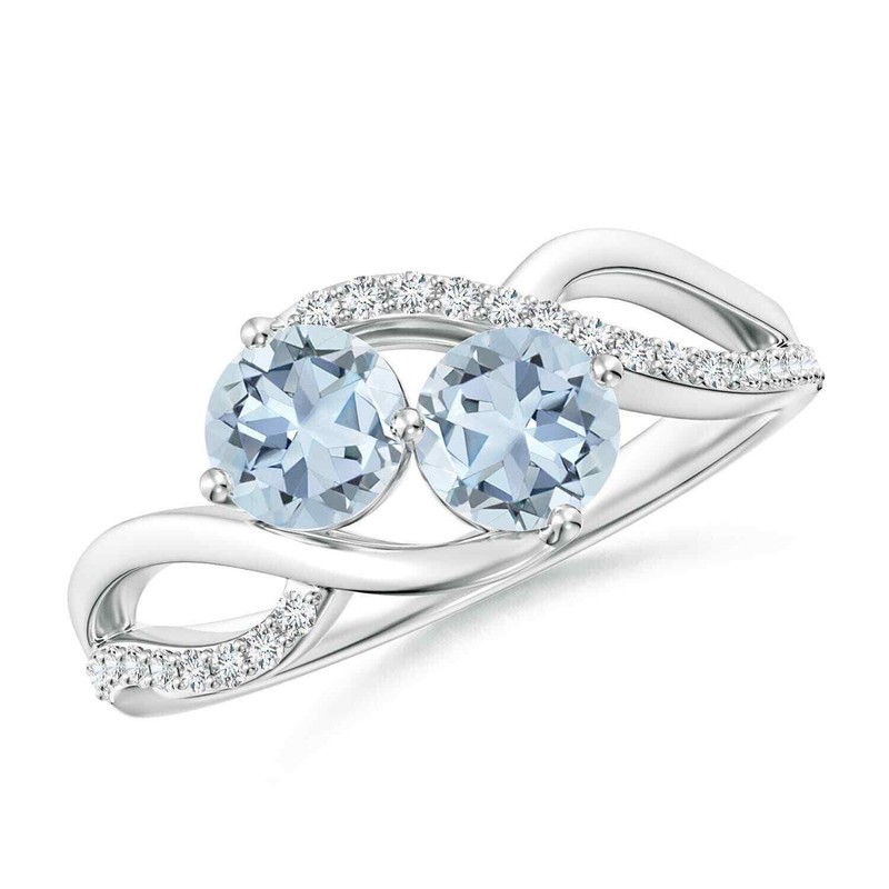 4MM Round Aquamarine Gemstone Two Stone Ring with Accents 925 Sterling Silver
