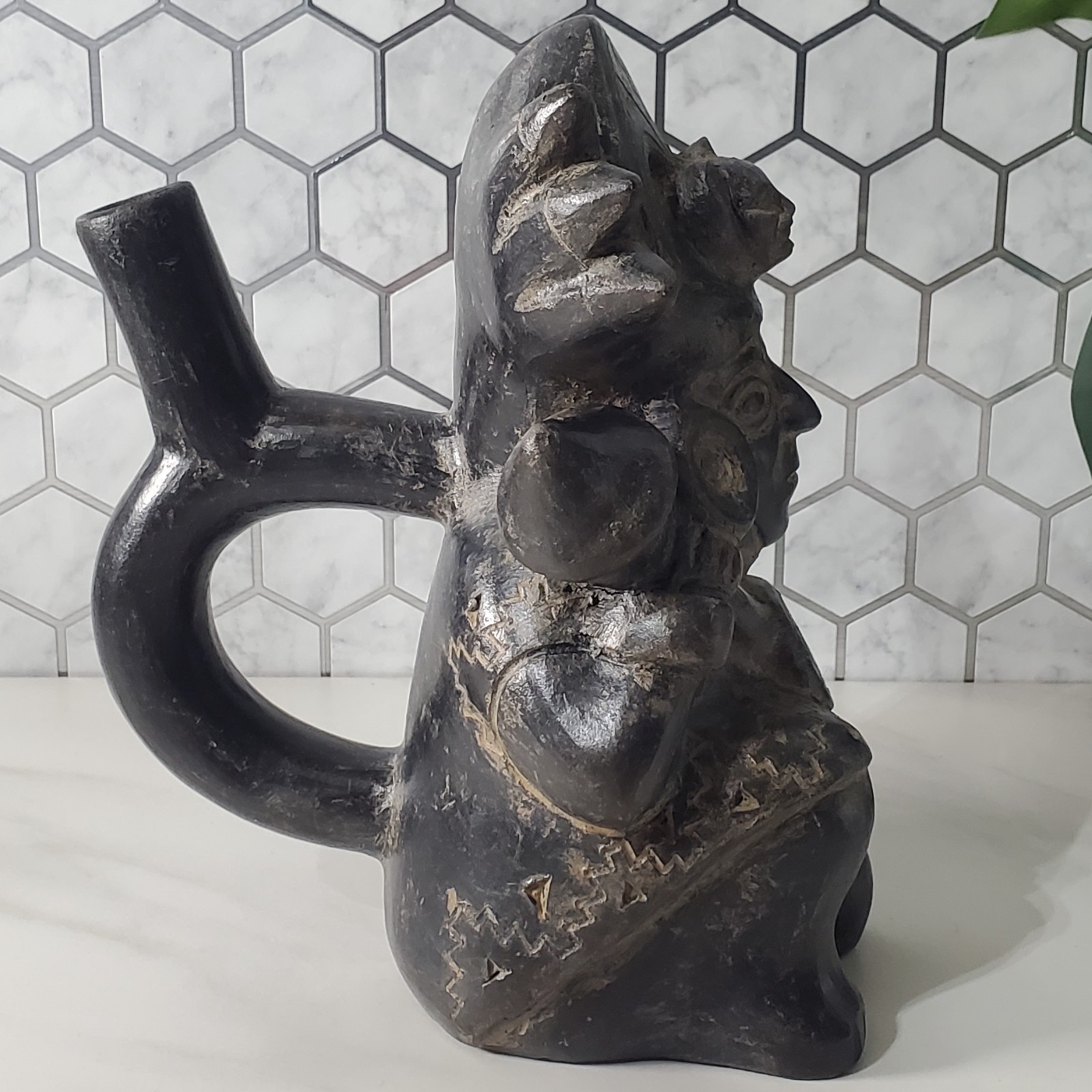 Pre Columbian Blackware Chimu Inca Sitting Figural Vessel Replica
