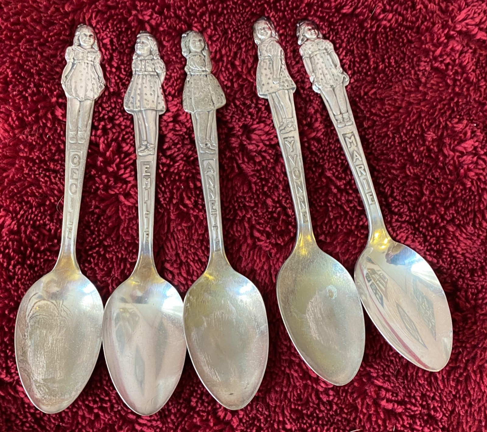 Dionne Quintuplets 1930s Carlton Silverplate Collector Spoons with Names Vintage