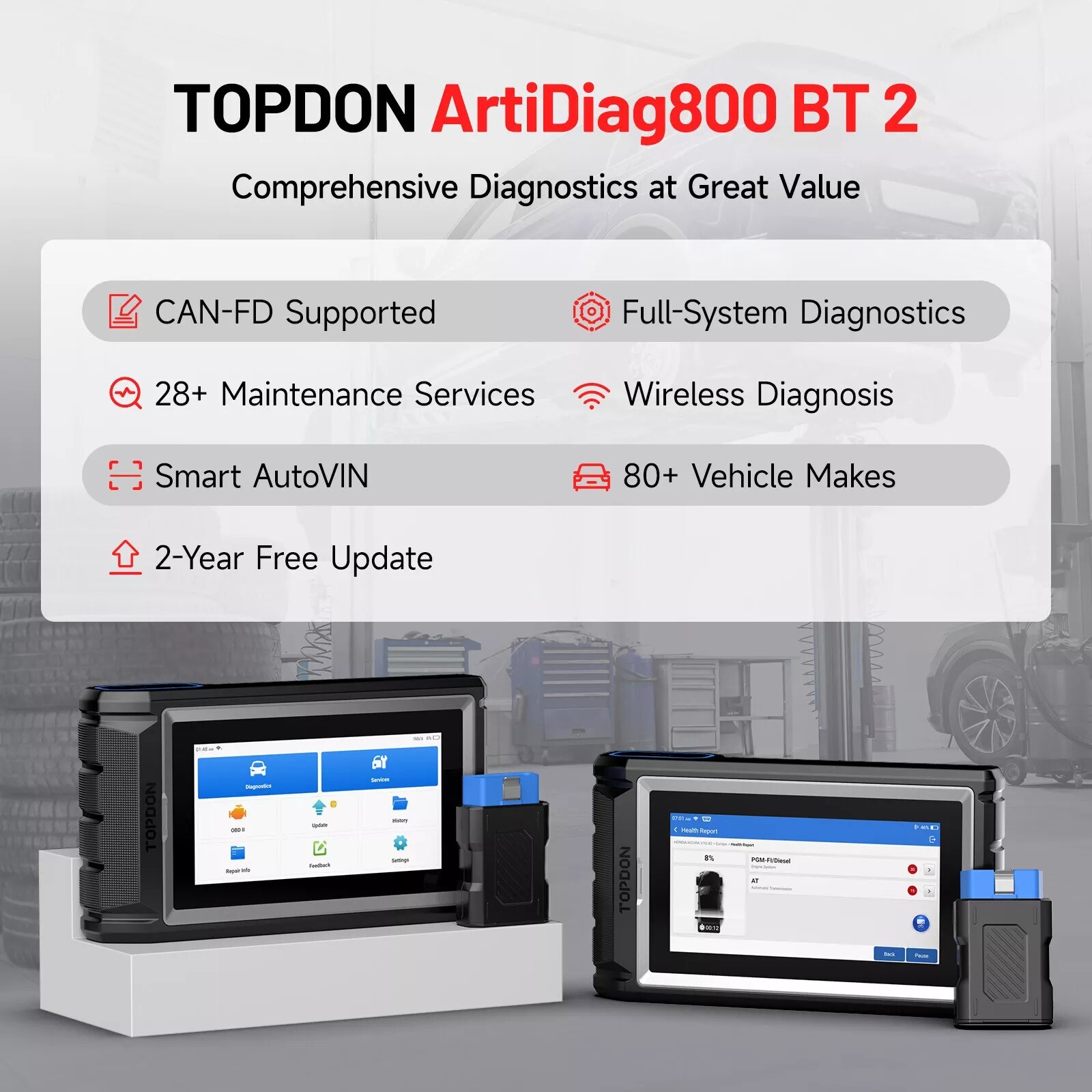 TOPDON AD800BT 2 OBD2 Scanner Tool Full System Diagnostic Tool ENG ABS SRS TPMS