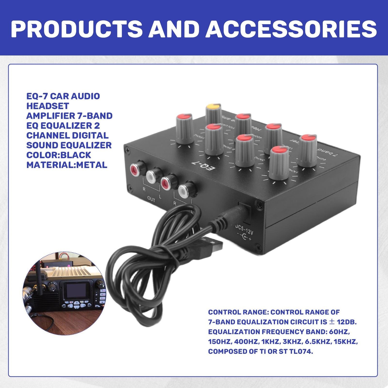 EQ7 Car Audio Headset Amplifier 2 Channel Audio Mixer Equalizer