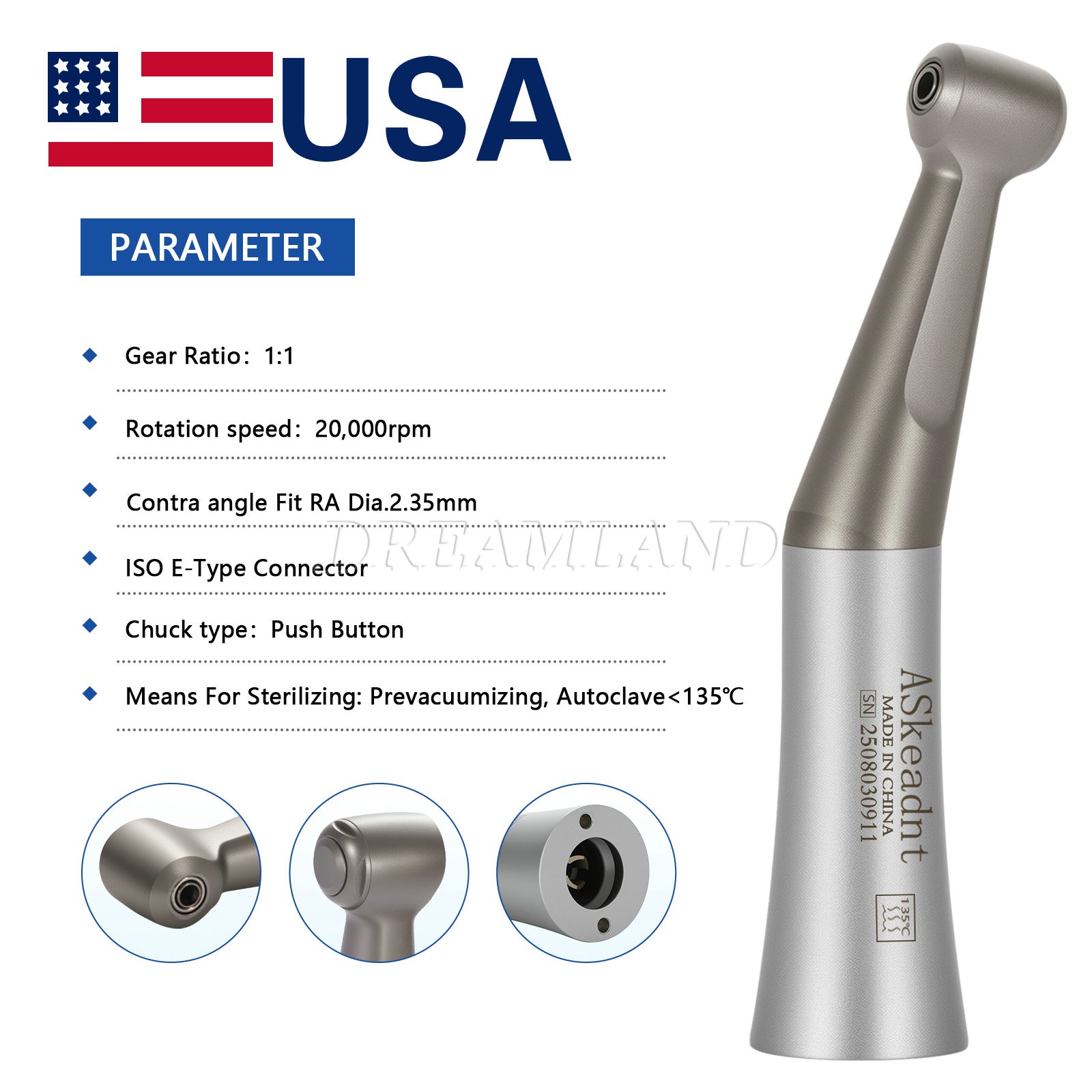 Dental 1:1 Slow Low Speed Contra Angle Handpiece E-Type Push Button