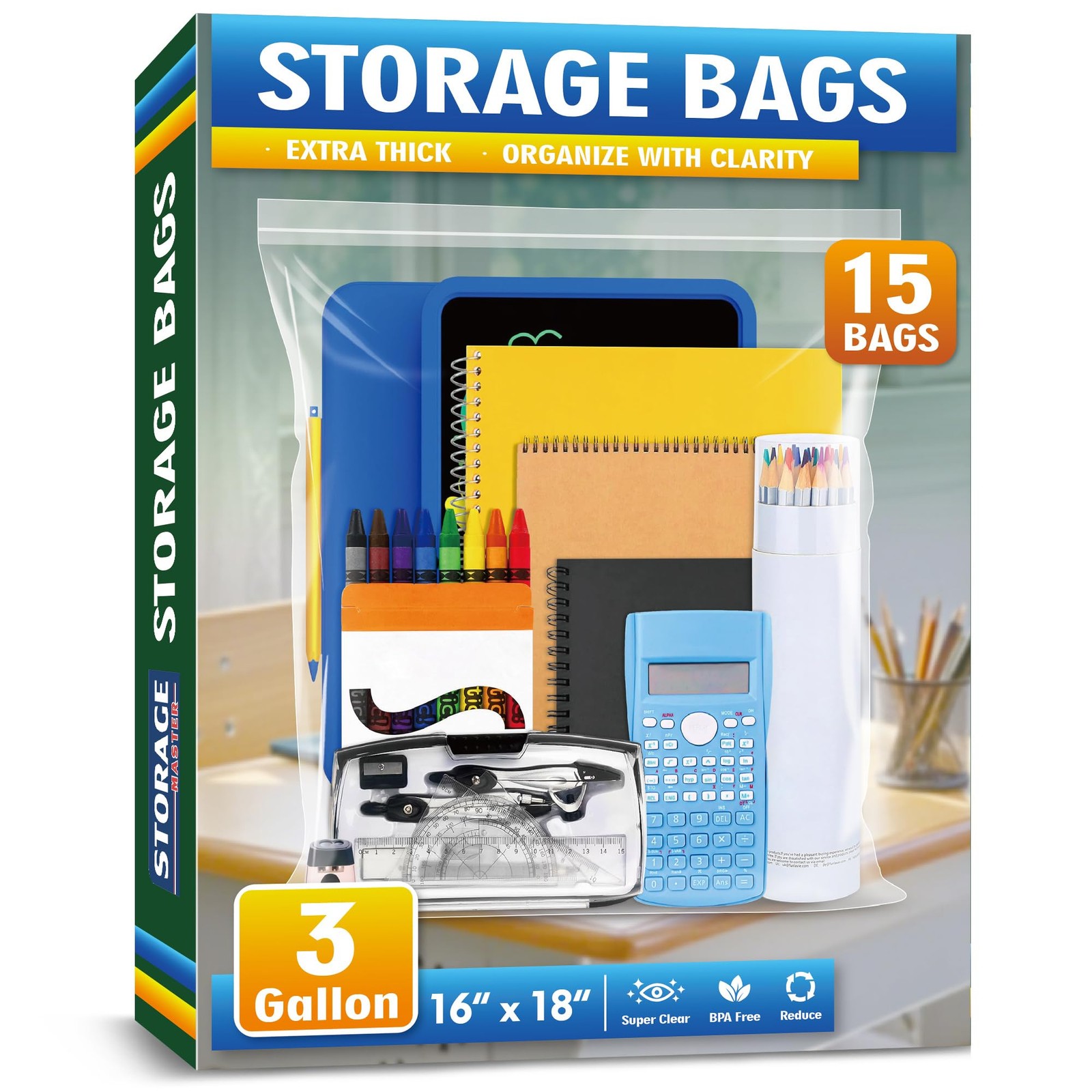 Large 3 Gallon Zippered Plastic Bags for Storage | 16'' x 18'', Ideal for Clothe